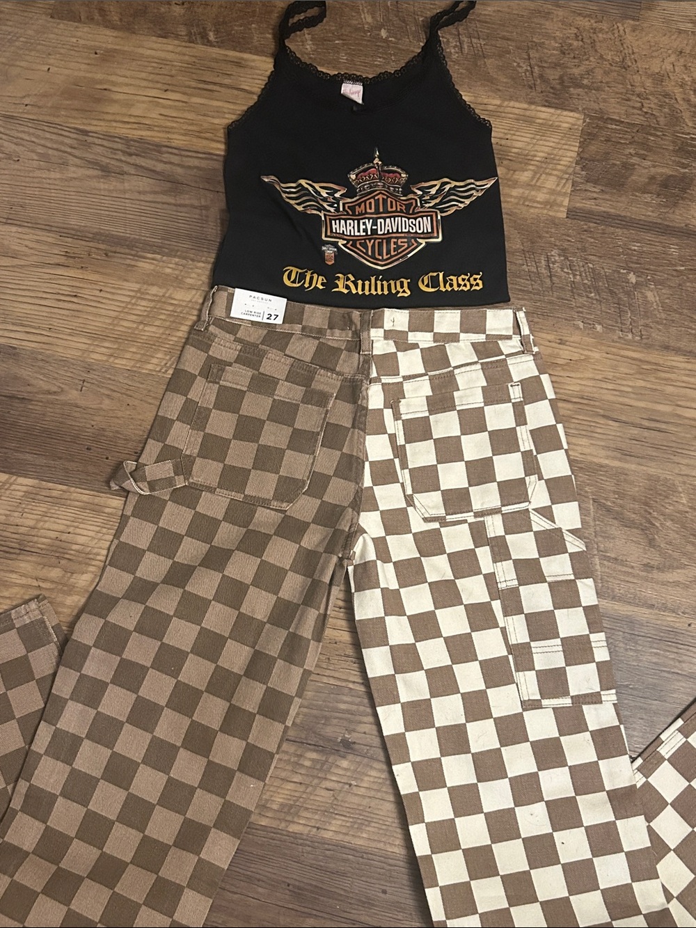 PacSun Two-Tone Brown & Cream Checkerboard Straight Leg Pants
